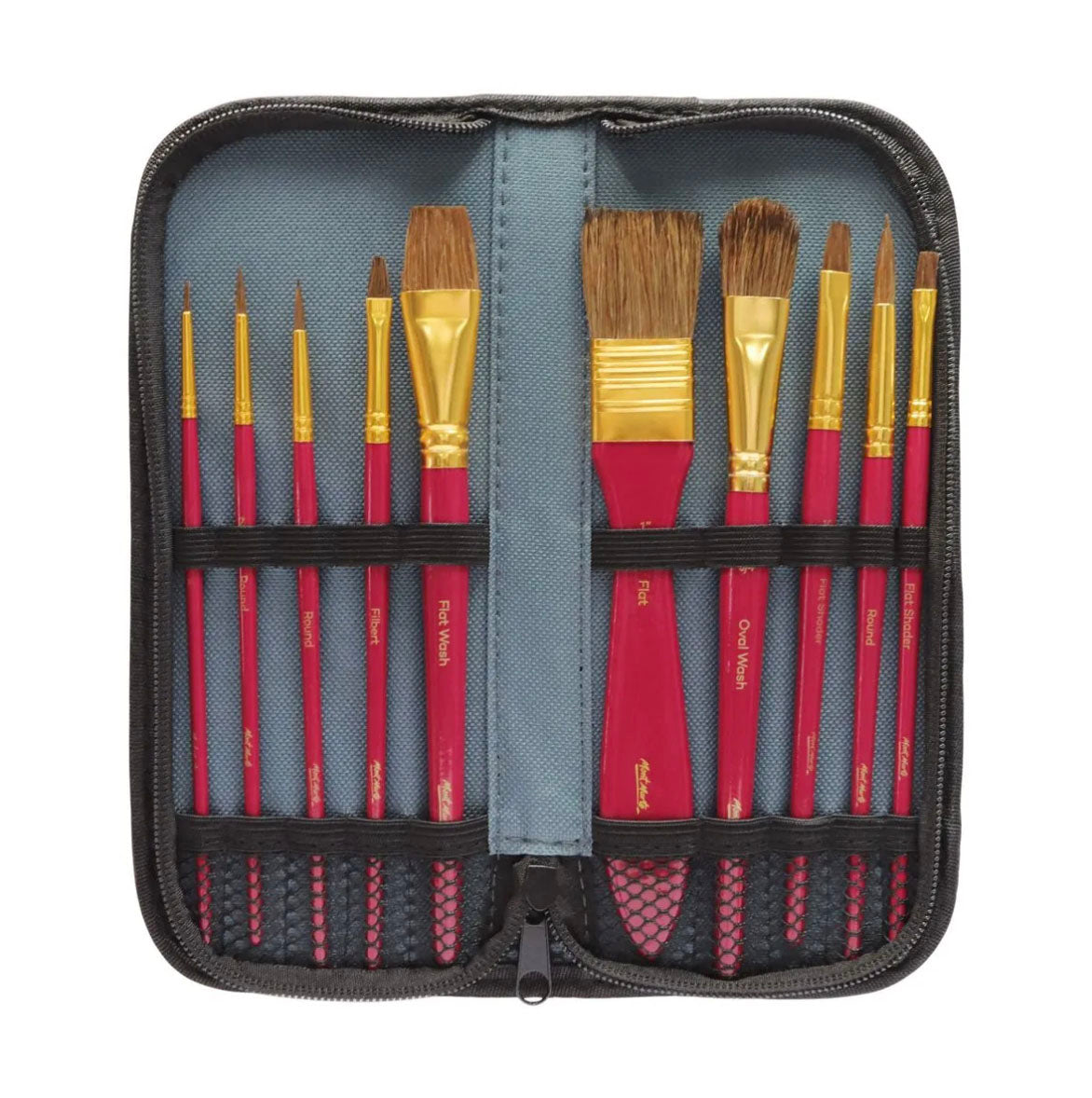 Mont Marte Brush Set Wallet  11 Piece - Watercolour - short handled ergonomics brushes