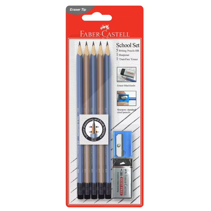 Faber Castell School Set 5xPencils,1xEraser,1xSharpener HB lead graded