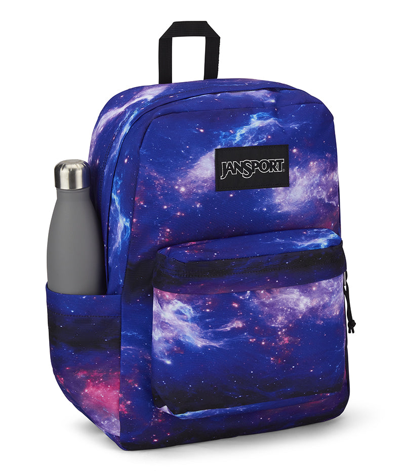 Jansport Superbreak Plus Backpack Space Dust Blue side with water bottle