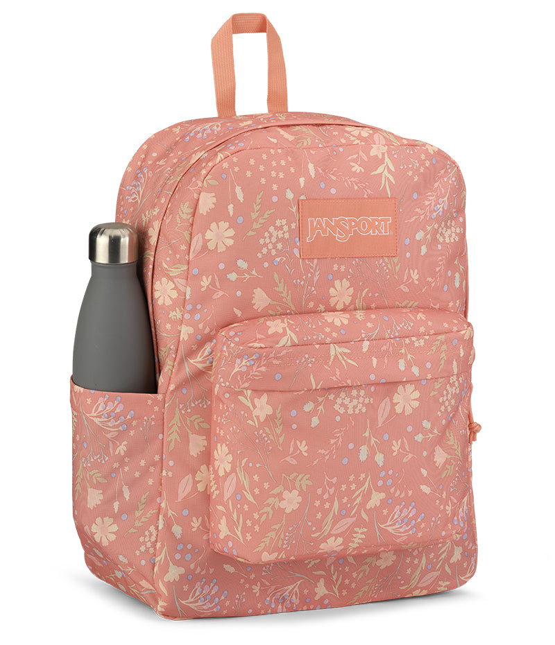 Jansport Superbreak Plus Backpack Dried Foliage Pink side view with water bottle