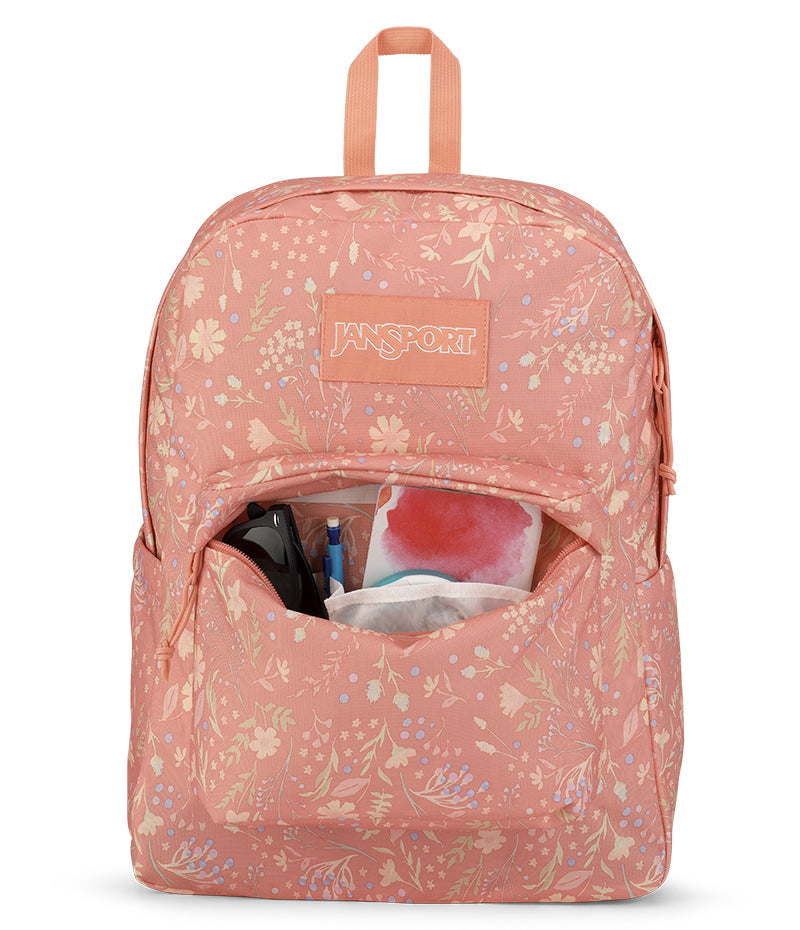 Jansport Superbreak Plus Backpack Dried Foliage Pink front open pocket