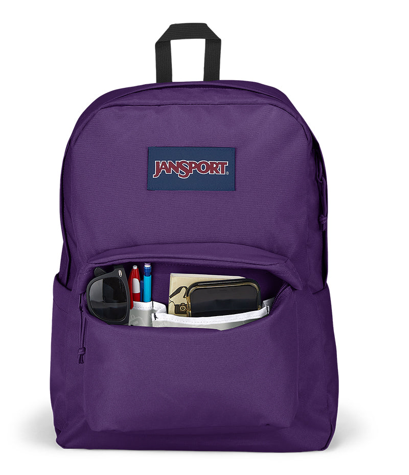 Jansport Superbreak Backpack Brazilian Berry front with open pocket