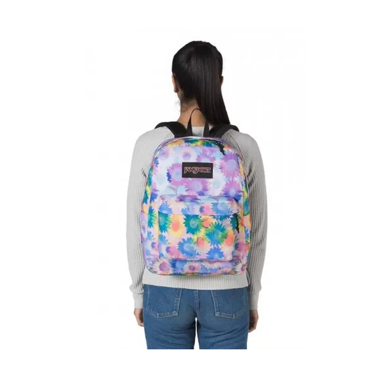 Jansport Backpack Superbreak Plus Sunflower Field 25Litre Blue/Pink/Yellow Sunflower wearing