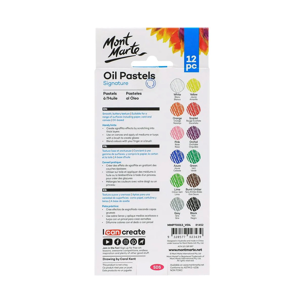 Mont Marte Oil Pastels 12pc - back view