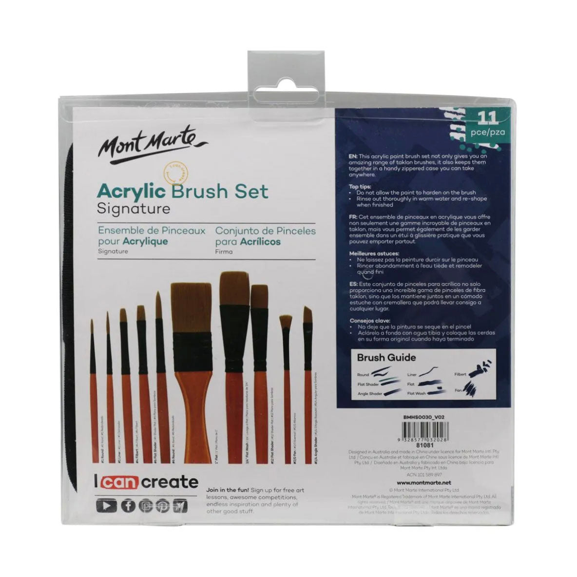 Mont Marte Brush Set Wallet 11 Piece - Acrylic - back view