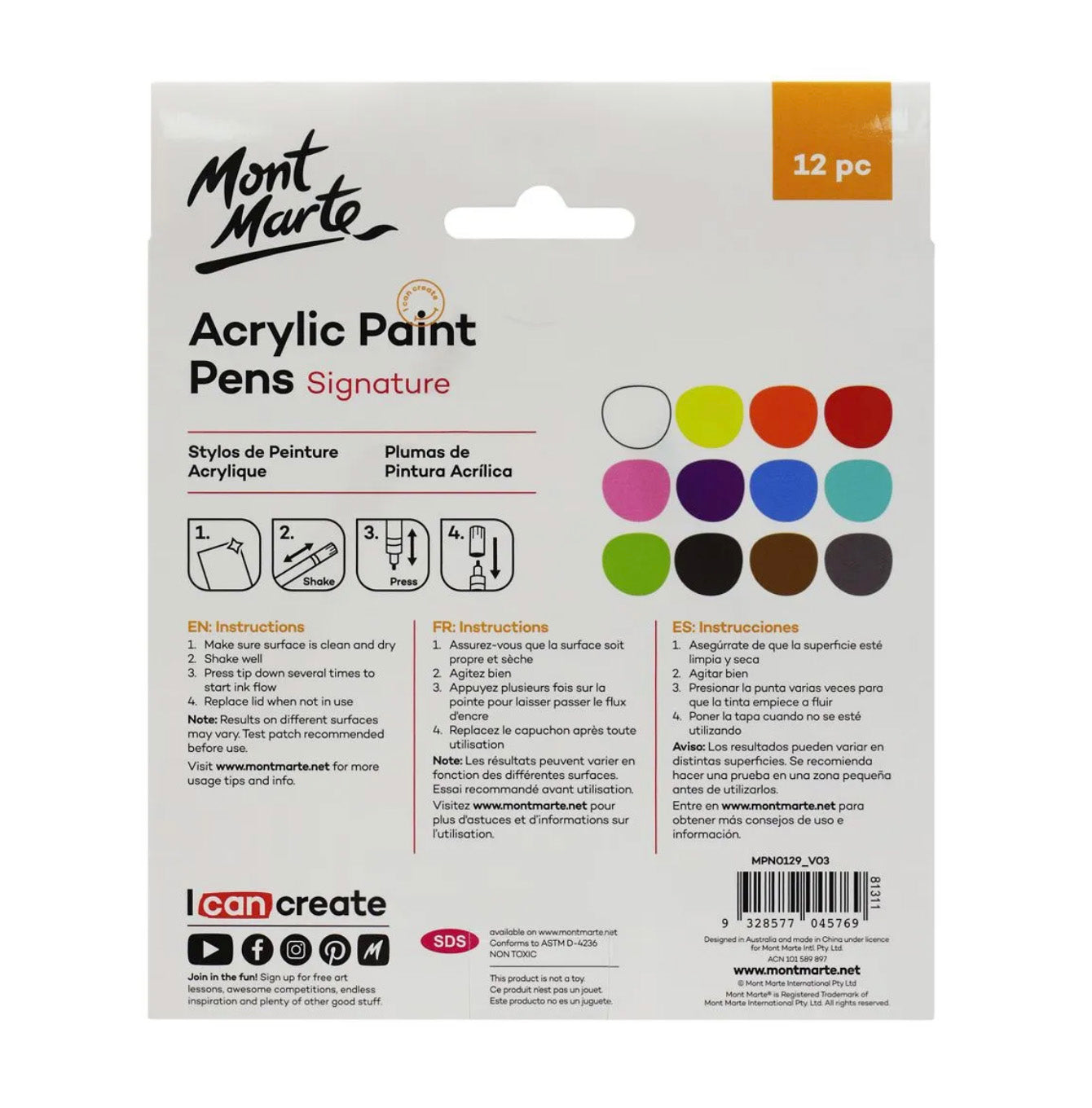 Mont Marte Acrylic Paint Pens Signature Broad Tip 3mm (0.12in) 12pc back