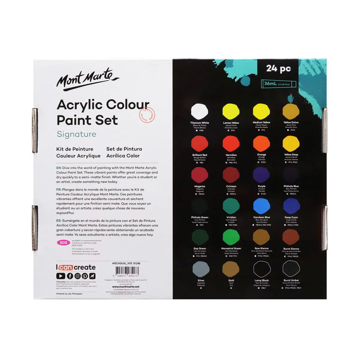 Mont Marte Acrylic Paint Set 36ml Tubes - 24pc - back