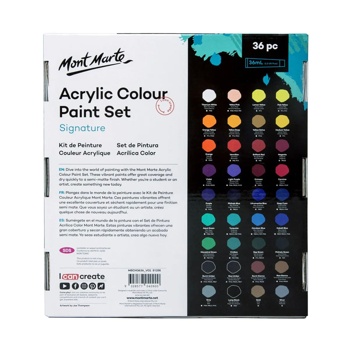 Mont Marte Acrylic Paint Set 36ml Tubes - 36pc back view