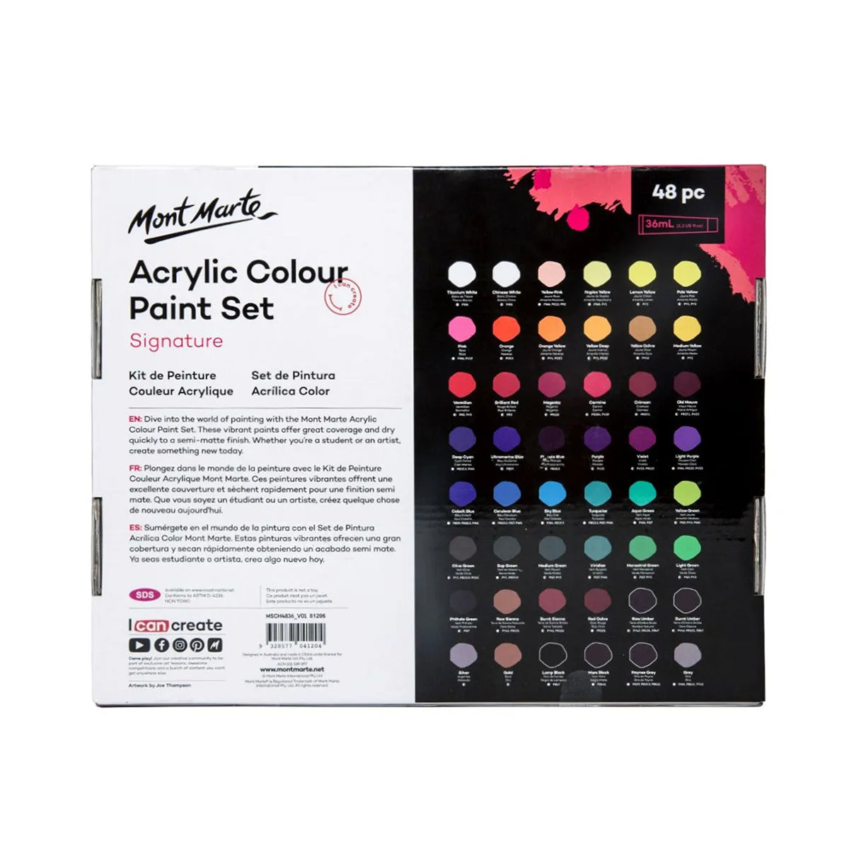 Mont Marte Acrylic Paint Set 36ml Tubes - 48pc - back