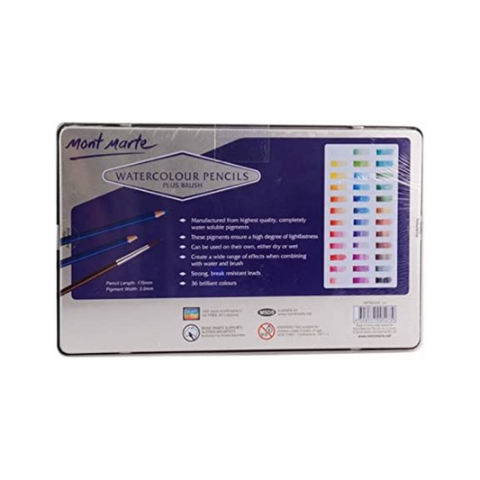 Mont Marte Coloured Pencils Watercolours Tin 36 Piece - front view