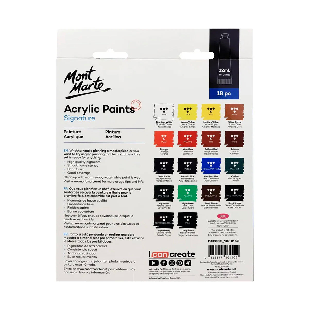 Mont Marte Acrylic Paint Set - 18pc - 18 x 12 ml tubes back