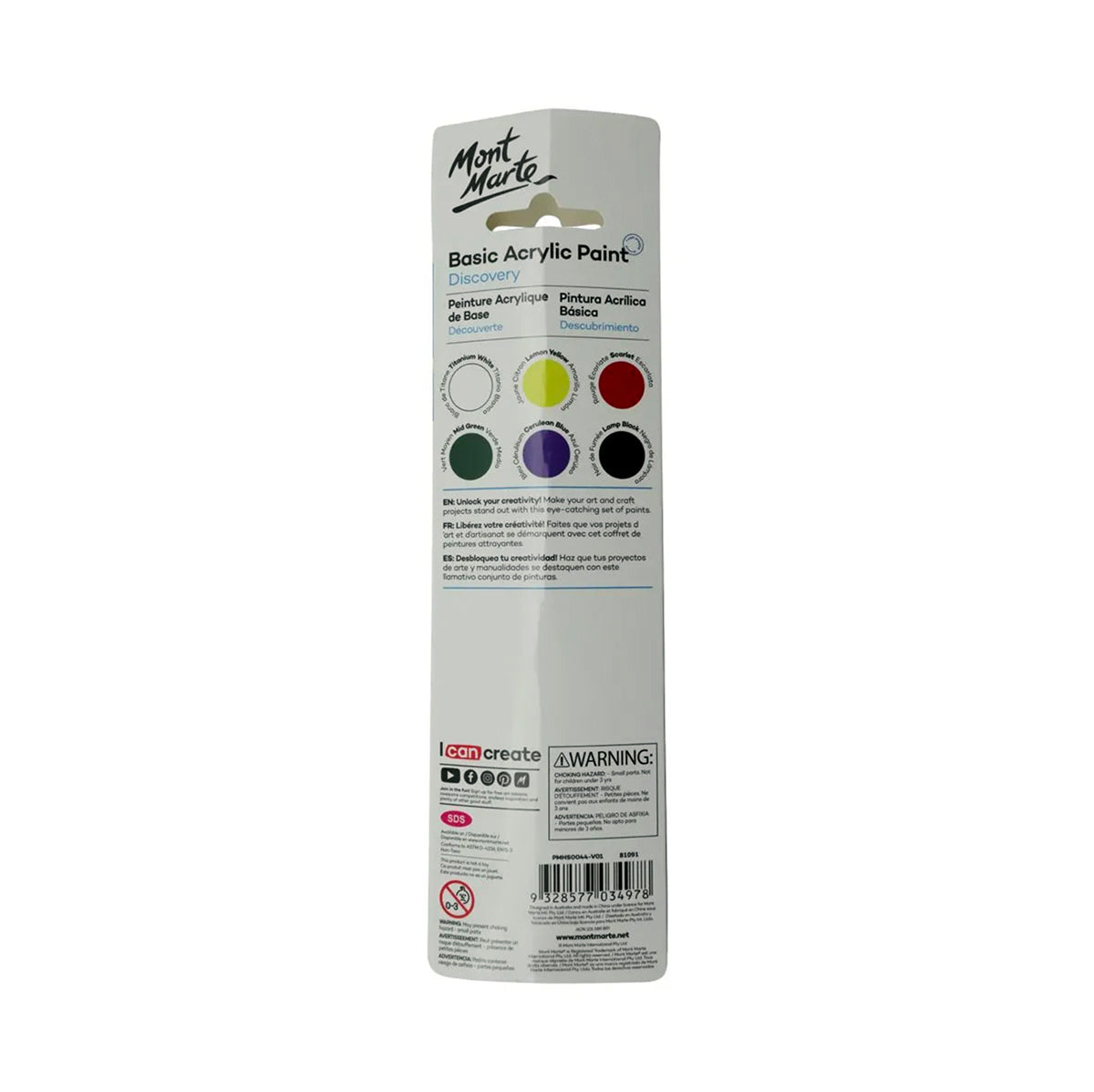 Mont Marte Basic Colours Acrylic Paint Set - 6pc back view