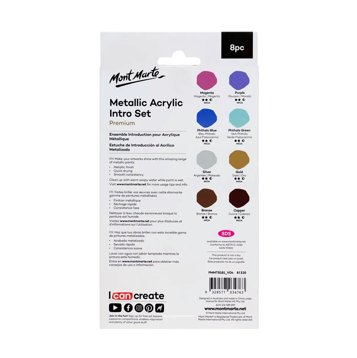 Mont Marte Metallic Acrylic Paint 8pc - back view